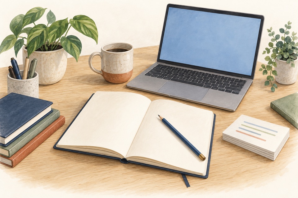 An open notebook, books and a quiet space to study